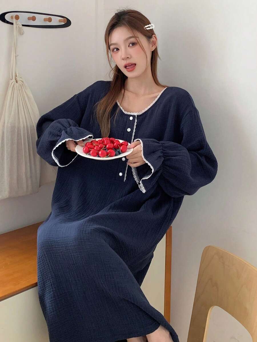 DAZY 撞色邊框荷葉袖休閒裙 - 藏蓝色 - 查看 1