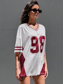 Denimoi Women Letter Pattern Striped V-Neck Dropped Shoulder Sleeve Loose Casual T-Shirt - Multicolor - View 6