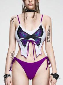 ROMWE Goth Women's Butterfly Print Front Tie Punk Sexy Bikini Set, Halloween - Multicolor - View 6