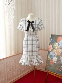 Vestido de línea A elegante y de moda con estampado de cuadros y cinturón apretado en la cintura con un lazo para mujer