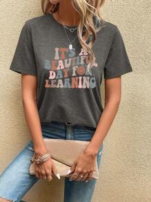SHEIN LUNE Áo thun nữ tay ngắn cổ tròn rộng rãi họa tiết Ngày Nhà giáo đơn giản, thường ngày, chất liệu cotton pha, mùa hè - Màu xám đen - Xem 6