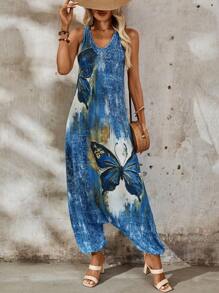 EMERY ROSE Butterfly Pattern Printed Knot Design Women's Casual Sleeveless Jumpsuit - Multicolor - View 6