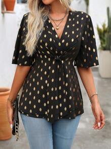SHEIN LUNE Blusa con estampado de lunares dorados y nudo en la parte frontal - Negro - Ver 3