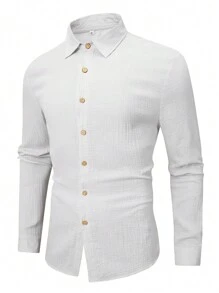 Men Linen/Bohemian Long Sleeve Shirt, For Fall - White - View 3