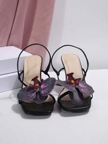 Giày cao gót đế xuồng họa tiết hoa thời trang mới 2024 dành cho nữ, thích hợp đi biển, tiệc tùng, hẹn hò, nghỉ dưỡng, đi làm, mặc hàng ngày và sự kiện ngoài trời - màu đen - Xem 4