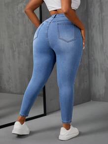 Plus High Waist Ripped Skinny Jeans - Medium Wash - View 2