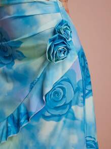 GENKIRA Vestido de verano con estampado aleatorio, cuello drapeado con 3D flores, volantes y bajo asimétrico - Azul - Ver 5