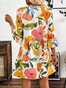 SHEIN LUNE Women's Holiday Casual Random Flower Print Flare Sleeve Front Button-Up Dress - Multicolor - View 2