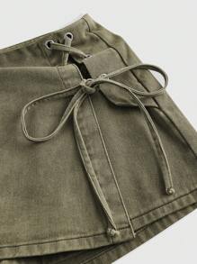 SHEIN MOD 女款牛仔裙，採用側邊鑲嵌方眼穿線織帶設計 - 軍綠色 - 查看 3