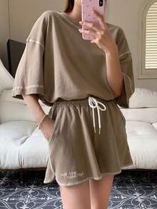 DAZY Simple Line Decor T-Shirt And Drawstring Elastic Waist Shorts, Homewear Set - Khaki - View 6