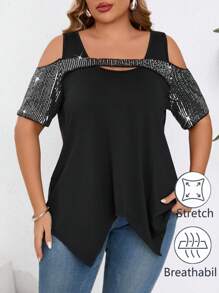 SHEIN Clasi Plus Size Country Concert Elegant Asymmetrical Hem Women's T-Shirt For Summer Parties And Gatherings - Black - View 1