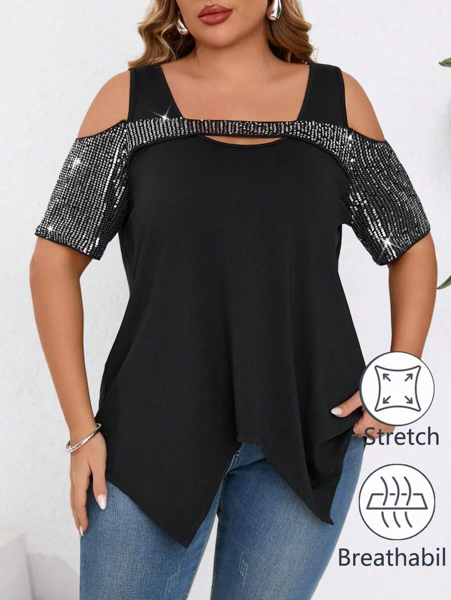 SHEIN Clasi Plus Size Country Concert Elegant Asymmetrical Hem Women's T-Shirt For Summer Parties And Gatherings - Black - View 1