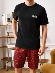 男士自行車印花短袖襯衫和短褲家居服套裝 - 彩色 - 查看 7