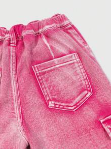Young Girl Pink Washed Denim Cargo Pants With Multiple Pockets - Hot Pink - View 7
