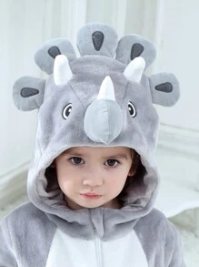 SHEIN 可爱拼色灰色和白色连帽连脚连体衣，带有 3D 龙图案，适合男婴，温暖柔软的秋冬季连体衣