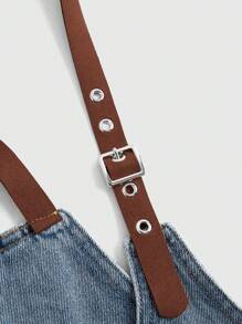 ROMWE Fairycore Country Style Daisy Printed Women's Denim Overalls And Jumpsuit, School - Light Wash - View 3