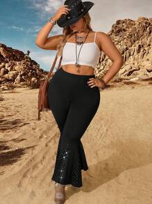 SHEIN LUNE Plus Size Solid Color Travel Matching Flared Pants - Black - View 5