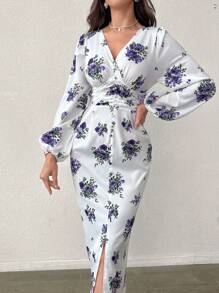 Modelyn Đầm Maxi Xẻ Đùi Họa Tiết Hoa Tay Lồng Đèn Trang Phục Nữ - Màu xanh lam - Xem 5