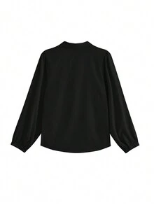 女士纯色系带领休闲长袖衬衫，秋季 - 黑色 - 查看 2