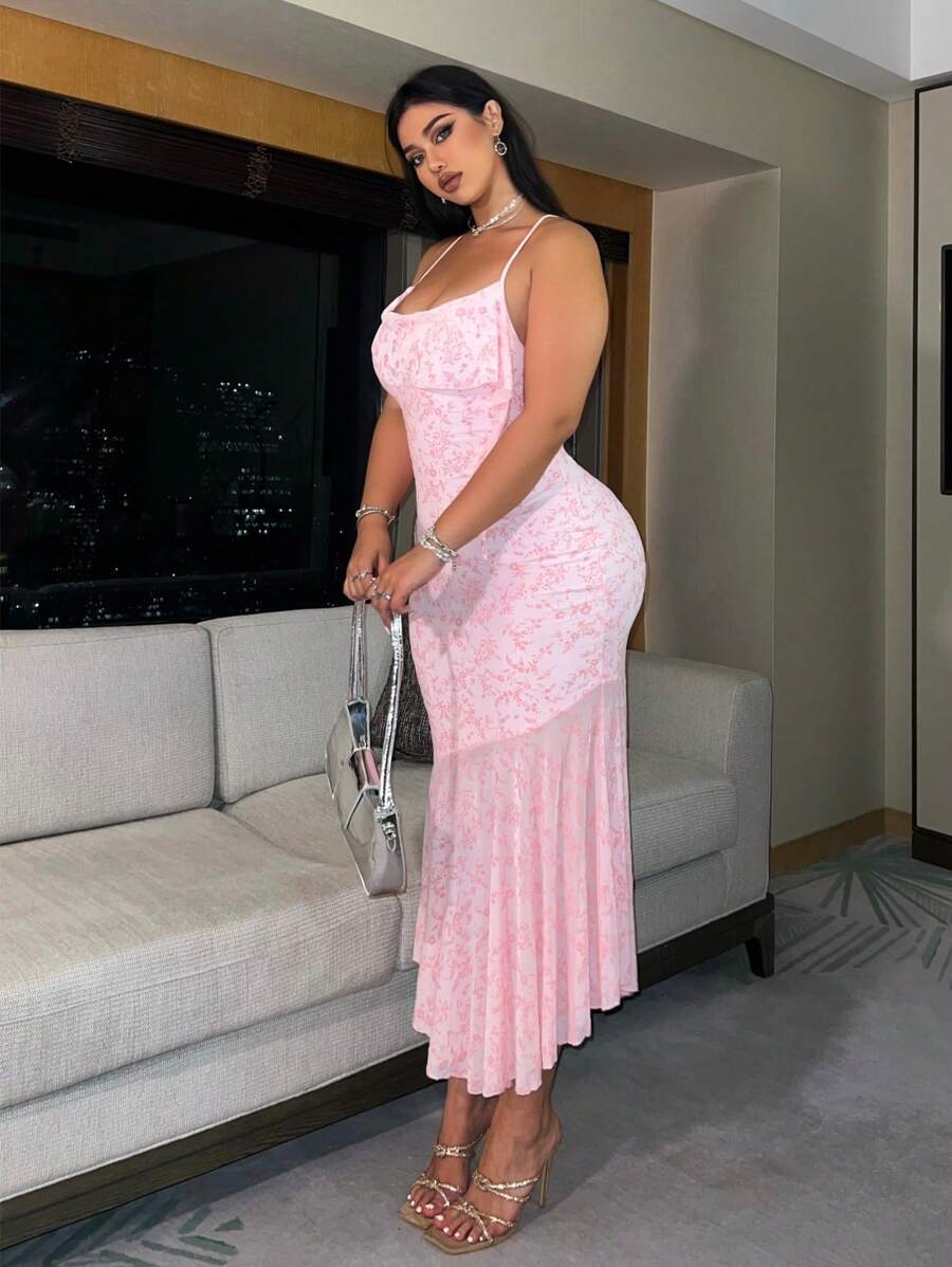 Flirla Plus Size Summer Elegant Velour Texture Mermaid Hem Cami Dress Formal Evening Gown - Pink - View 1