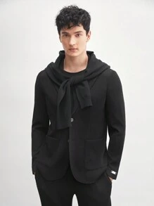 AKNOTIC Men's 2pcs Knitted Business Casual Suit Set, Long Sleeve Shoulderless Padded Coat And Straight-Leg Trousers For Spring/Autumn Office Wear - Black - View 8