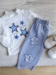 2入組時尚寶寶女孩星星印花半高領長袖上衣搭配時尚牛仔褲套裝，飾以星形刺繡布飾