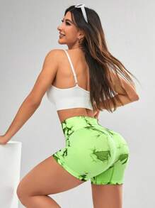 Core Rhythm Pantalones cortos deportivos sin costura con estampado tie-dye y alta elasticidad para verano - Verde - Ver 6