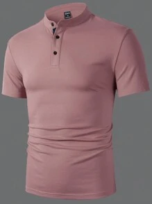 Manfinity Homme Áo thun polo cổ đứng màu trơn mùa hè cho nam tay ngắn thường ngày - Hồng - Xem 4