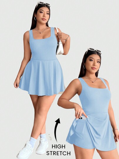 SHEIN EZwear Women's Plus Size Sleeveless Jumpsuit With Shorts And Pocketed Skirt Overlay, Solid Color