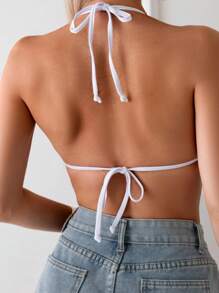 SHEIN Swim 夏季女士甜美蕾丝花卉蝴蝶结比基尼上衣 - 黑色 - 查看 2