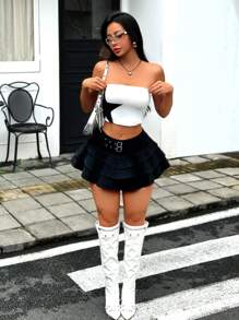 SHEIN ICON 女士實色疊層款夏季性感藍色迷你牛仔裙 - 黑色 - 查看 6