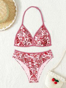 Teen Girls Paisley Print Halter Triangle Bikini Set Summer Beach - Multicolor - View 1