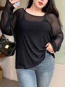 Dazy Plus 加大码宽松纯色长袖上衣，大圆领，透视细节，外出上衣，返校服装，秋季女装 - 黑色 - 查看 1