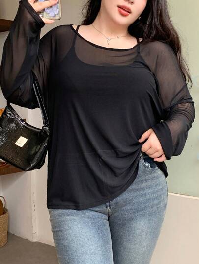 Dazy Plus ルーズフィット 無地 長袖トップス ビッグラウンドネック シアー切替 お出かけ用トップス、バックトゥースクール、秋の女性服