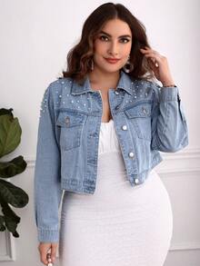 Plus Size Spring/Summer/Fall Casual Denim Jacket With Stud Embellishments - أزرق فاتح - مشاهدة 4