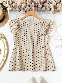 SHEIN LUNE Áo sơ mi chấm bi đơn giản hàng ngày cỡ lớn dành cho nữ, dành cho mùa hè - Màu be - Xem 2