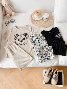 SHEIN 6pcs Cute Cartoon Bear Print Round Neck Short Sleeve T-Shirt With Elastic Waist Shorts Set For Young Boys
