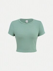 SHEIN Teenage Girl's Knitted Solid Color Ribbed Short Sleeve T-Shirt And Flared Pants Casual Sports Two-Piece Set - Green - View 15