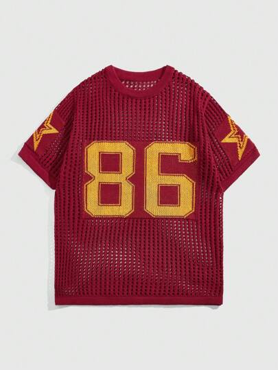 Street Life Hombre Top de punto casual de verano con estilo de calle, estampado de números y calado, estilo de fútbol, escuela