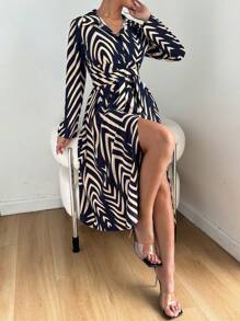 Chiquease Allover Print Belted Shirt Dress - Navy Blue - View 3