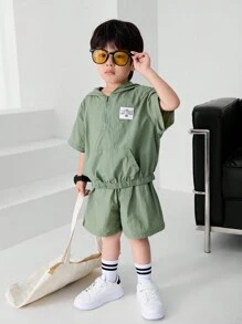 SHEIN 2pcs/Set Young Boy's Casual College-Style Hooded Sun-Protective Short-Sleeved Top & Shorts,Comfortable Versatile Soft Simple Fashionable Green Summer - Khaki - View 5
