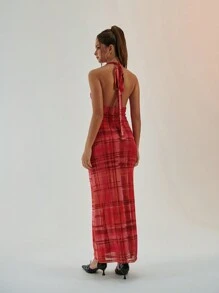 Aloruh New Elegant And Retro Plaid Sheer Floral Print Dress With Sashes, Sexy Open Back And Waist-Cinching Design