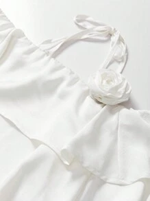 INAWLY Women's Summer Elegant Solid Color Off-Shoulder Shirt With 3D Floral Decoration - White - View 4