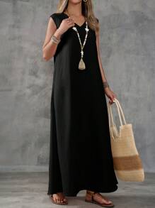 EMERY ROSE 卡其色紋理面料無袖V領開叉女裝連衣裙