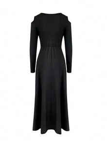 Cold Shoulder Split Thigh Longline Dress - Black - View 2