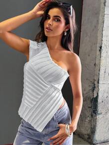 Hauture Blusa asimétrica de punto acanalado con un solo hombro descubierto para mujer - Blanco - Ver 3
