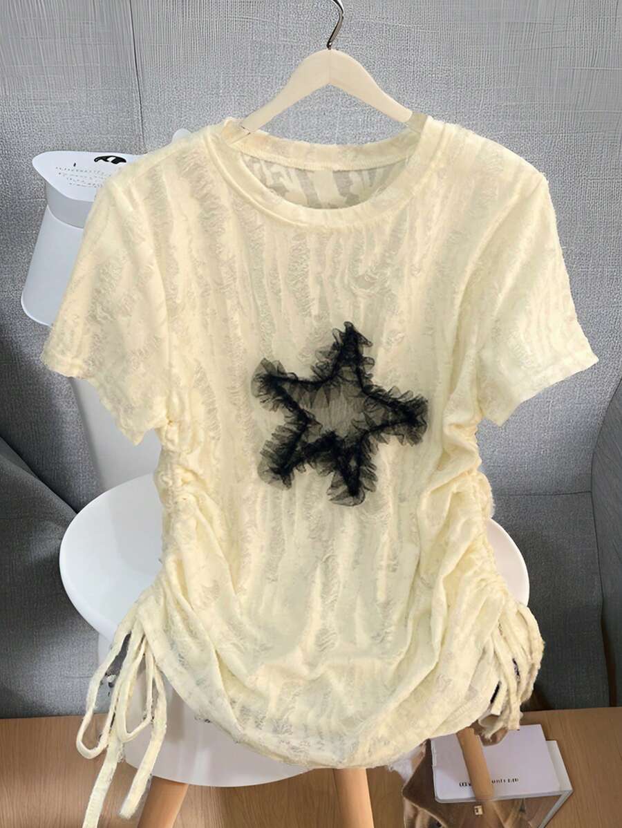 SHEIN Unity T-shirt noir pour femmes en dentelle avec cordon de serrage et étoile Penta en maille pour l'été - Jaune citron - Voir 1