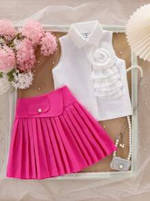 SHEIN Young Girl Fashionable Sleeveless Blouse + Skirt Two-Piece Set, Personalized 3D Flower Clothing Outfit - Pink - View 4
