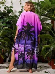 Swim Vcay 大码女式随机印花套头连帽衫沙滩和服沙滩罩衫连衣裙度假服长衫连衣裙夏季 - 紫羅蘭色 - 查看 2