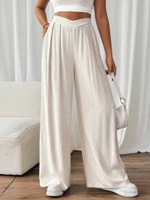 SHEIN Frenchy 女士纯色不对称高腰阔腿宽松休闲裤亚麻裤老款服装秋季女装返校服装教师服装7月4日服装裤子通勤简约办公室老款简约 - 杏色 - 查看 3